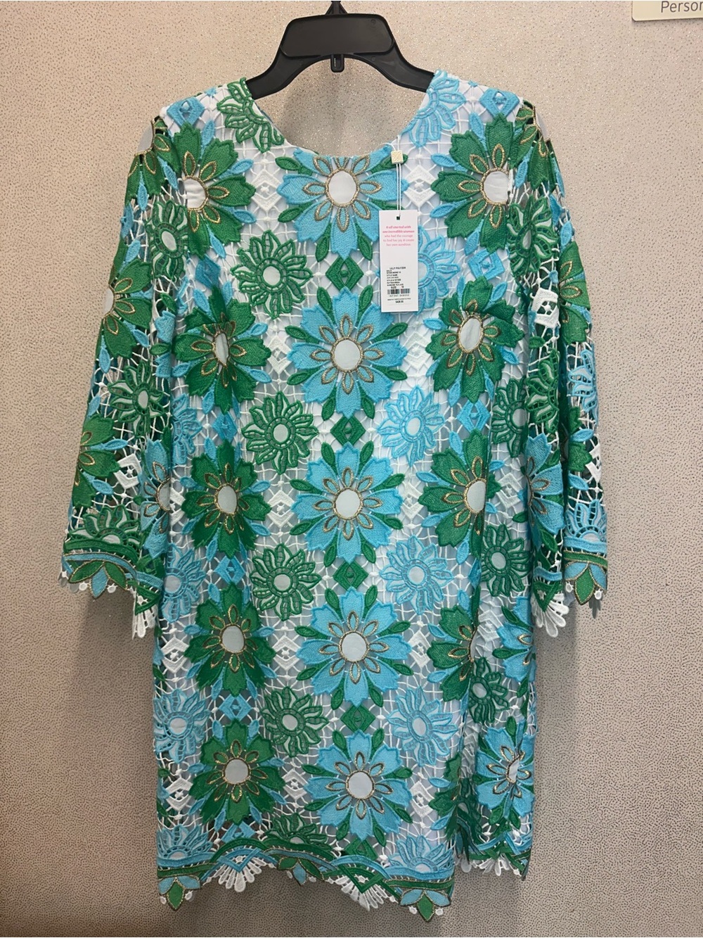 NWT Lilly Pulitzer Blue, Green & Gold Floral Lace Overlay Dress